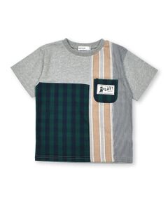 【お揃い】チェックストライプ切り替え半袖Tシャツ(80~130cm)
