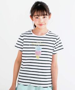 アイスウサギシルエットリボン付き無地ボーダー柄スカラップ裾半袖Tシャツ(80~140cm)