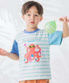 夏満喫いきものプリントボーダー柄半袖Tシャツ(80~130cm)