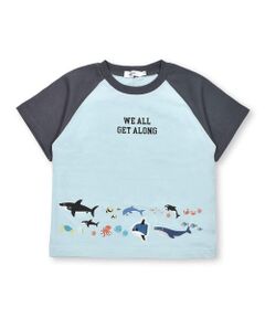 恐竜昆虫海のいきものいろんなモチーフ渋滞プリントラグランスリーブ半袖Tシャツ(80~130cm)