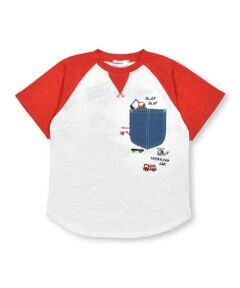 デニムポケット付きはたらくくるま刺しゅうラグランスリーブ半袖Tシャツ(80~120cm)