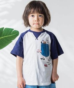 デニムポケット付きはたらくくるま刺しゅうラグランスリーブ半袖Tシャツ(80~120cm)