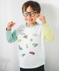 SLAP SLIP / スラップ スリップ Tシャツ | 恐竜はたらくくるまプリント＆ワッペンギュギュっとモチーフ袖配色Tシャツ(80~130cm)