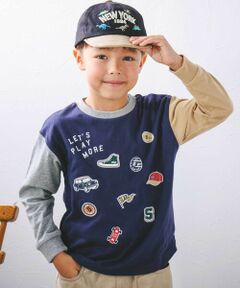 SLAP SLIP / スラップ スリップ Tシャツ | 恐竜はたらくくるまプリント＆ワッペンギュギュっとモチーフ袖配色Tシャツ(80~130cm)