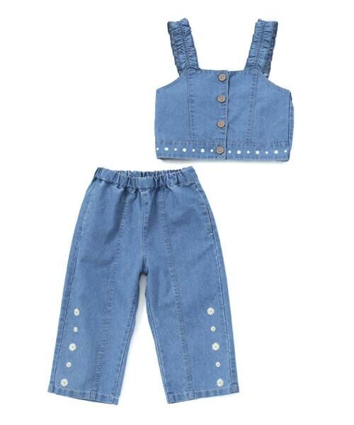 セール】 フリル肩ひもビスチェ+サイドプリントデニムパンツ2点