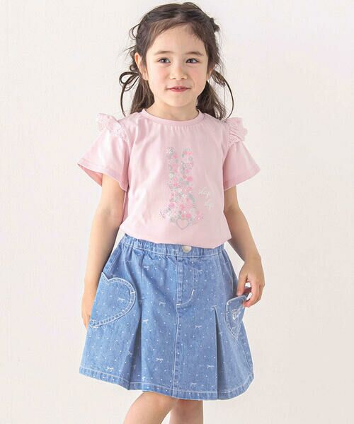 SLAP SLIP / スラップ スリップ Tシャツ | アニマルウサギフロント刺しゅうホットフィックスモチーフ肩レース半袖Tシャツ(80~130cm) | 詳細21