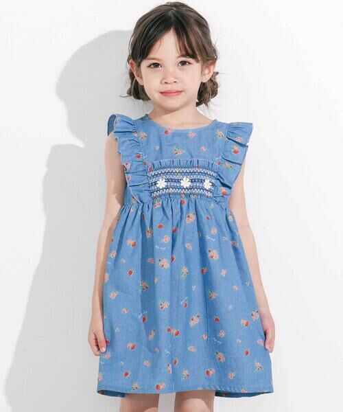 SLAP SLIP / スラップ スリップ ミニ丈・ひざ丈ワンピース | 【お揃い】デニムチェックイチゴ×お花プリントスモッキングワンピース(80~130cm) | 詳細14