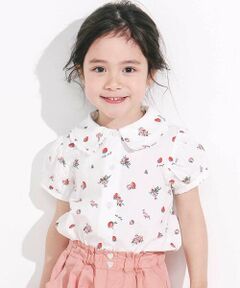 SLAP SLIP / スラップ スリップ シャツ・ブラウス | 【お揃い】デニムイチゴ×お花プリントセーラー襟パフスリーブトップス(80~130cm)