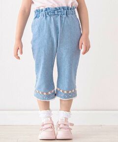 SLAP SLIP / スラップ スリップ デニムパンツ | ウエストリボン裾レースお花シェル刺しゅう7分丈パンツ(90~130cm)