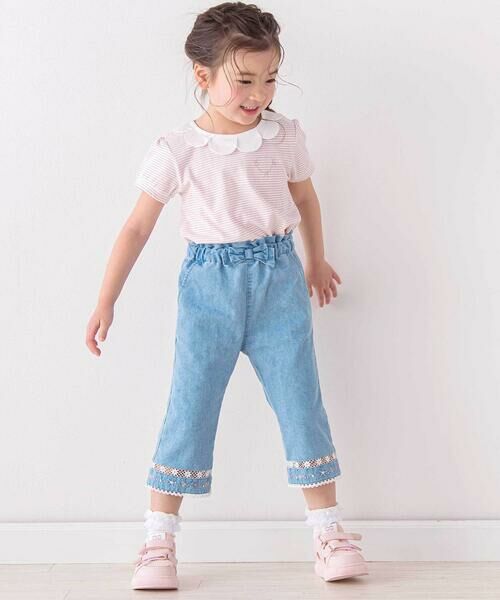 SLAP SLIP / スラップ スリップ デニムパンツ | ウエストリボン裾レースお花シェル刺しゅう7分丈パンツ(90~130cm) | 詳細3