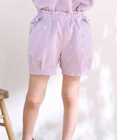 SLAP SLIP / スラップ スリップ ショート・ハーフ・半端丈パンツ | 【お揃い】カラフルスイーツ刺しゅう風発泡プリント柄サイドリボン裾タックショートパンツ(90~130cm)