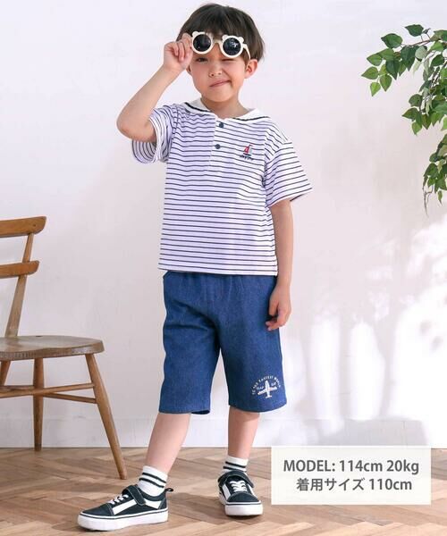 SLAP SLIP / スラップ スリップ ショート・ハーフ・半端丈パンツ | 飛行機くるま裾刺しゅうデニムヒッコリー5.5分丈パンツ(80~130cm) | 詳細1