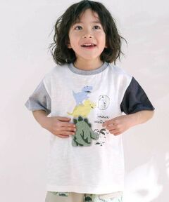 SLAP SLIP / スラップ スリップ Tシャツ | 恐竜ピラミッドプリントサガラ刺しゅう袖配色Tシャツ(80~130cm)