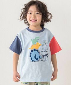 SLAP SLIP / スラップ スリップ Tシャツ | 恐竜ピラミッドプリントサガラ刺しゅう袖配色Tシャツ(80~130cm)