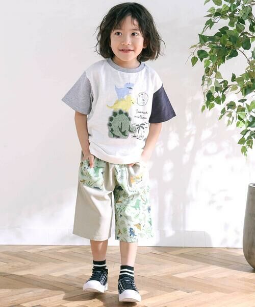 SLAP SLIP / スラップ スリップ Tシャツ | 恐竜ピラミッドプリントサガラ刺しゅう袖配色Tシャツ(80~130cm) | 詳細1