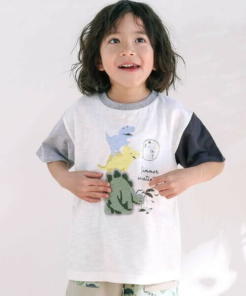 SLAP SLIP / スラップ スリップ Tシャツ | 恐竜ピラミッドプリントサガラ刺しゅう袖配色Tシャツ(80~130cm)(ホワイト)