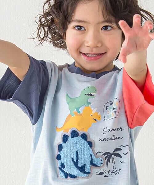 SLAP SLIP / スラップ スリップ Tシャツ | 恐竜ピラミッドプリントサガラ刺しゅう袖配色Tシャツ(80~130cm) | 詳細7