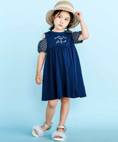 SLAP SLIP / スラップ スリップ ミニ丈・ひざ丈ワンピース | ストライプチェック袖リボンオフショルワンピース(90~130cm) | 詳細2