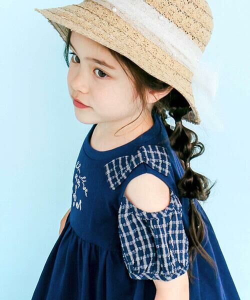 SLAP SLIP / スラップ スリップ ミニ丈・ひざ丈ワンピース | ストライプチェック袖リボンオフショルワンピース(90~130cm) | 詳細3
