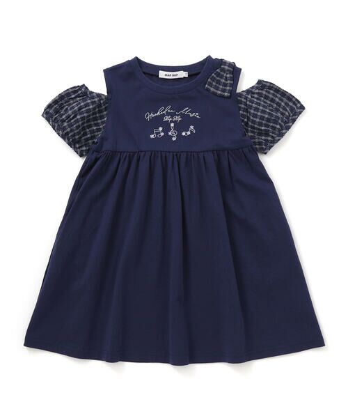 SLAP SLIP / スラップ スリップ ミニ丈・ひざ丈ワンピース | ストライプチェック袖リボンオフショルワンピース(90~130cm) | 詳細4