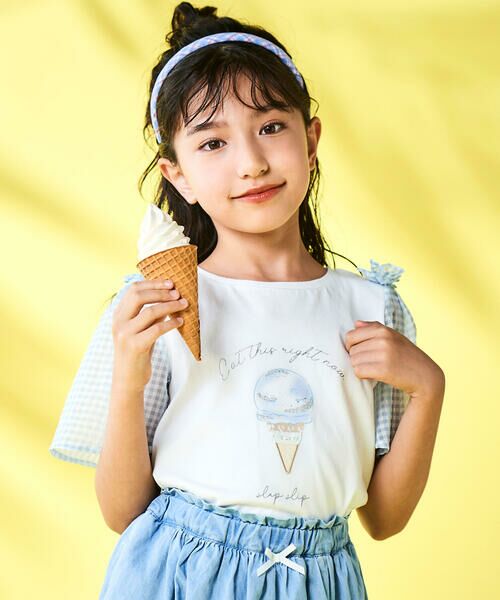 SLAP SLIP / スラップ スリップ Tシャツ | 【吸汗速乾】アイスクリームケーキモチーフリボンシアースリーブTシャツ(80~130cm)(ホワイト×ブルー(アイス))