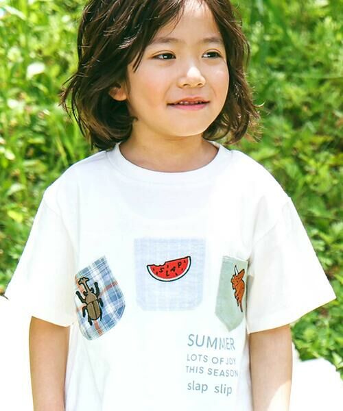 SLAP SLIP / スラップ スリップ Tシャツ | 【吸汗速乾】チェックダンガリー色々ワッペン付きポケット半袖Tシャツ(80~130cm) | 詳細3