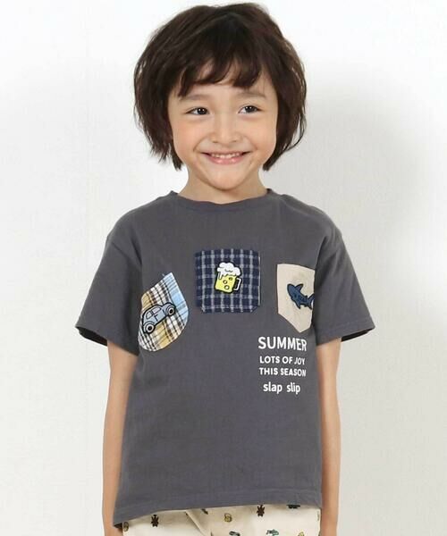 SLAP SLIP/スラップ スリップ 【吸汗速乾】チェックダンガリー色々ワッペン付きポケット半袖Tシャツ(80~130cm) グレー 80cm SLAP SLIP/スラップ スリップ 【吸汗速乾】チェックダンガリー色々ワッペン付きポケット半袖Tシャツ(80~130cm) グレー 80cm