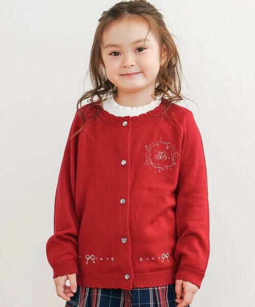 SLAP SLIP/スラップ スリップ ジュエル風ボタン縁スカラップニットカーディガン(90~130cm) レッド 90cm SLAP SLIP/スラップ スリップ ジュエル風ボタン縁スカラップニットカーディガン(90~130cm) レッド 90cm