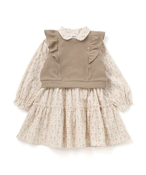 SLAP SLIP / スラップ スリップ その他 | 【お揃い】チェック花柄コーデュロイワンピース+ニットベスト2点セット(80~130cm)(ベージュ×オフホワイト系)