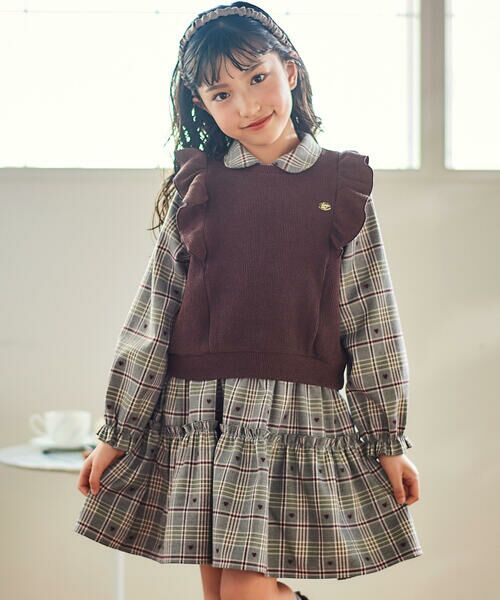 SLAP SLIP / スラップ スリップ その他 | 【お揃い】チェック花柄コーデュロイワンピース+ニットベスト2点セット(80~130cm)(ブラウン×ブラック系)