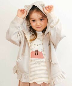 アニマルネコウサギ耳付きフード裾フリルフルジップパーカー(80~130cm)