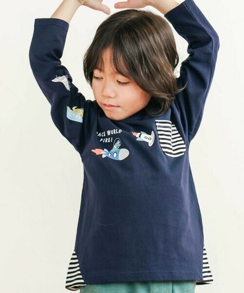 SLAP SLIP/スラップ スリップ はたらくくるま恐竜ロケットプリントポケット付き長袖Tシャツ(80~130cm) ネイビー(ロケット) 110cm SLAP SLIP/スラップ スリップ はたらくくるま恐竜ロケットプリントポケット付き長袖Tシャツ(80~130cm) ネイビー(ロケット) 110cm
