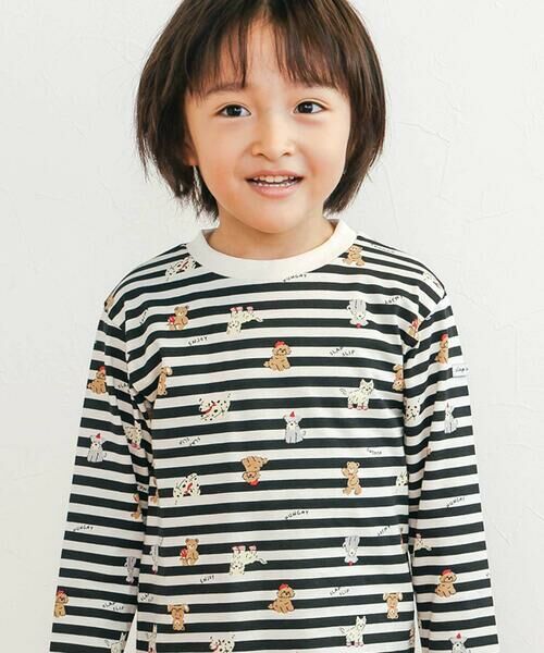 SLAP SLIP/スラップ スリップ 【スララク/防汚加工/オーガニックコットン】わくわく男の子長袖Tシャツ(80~130cm) ブラックボーダー×犬とくま総柄 90cm SLAP SLIP/スラップ スリップ 【スララク/防汚加工/オーガニックコットン】わくわく男の子長袖Tシャツ(80~130cm) ブラックボーダー×犬とくま総柄 90cm