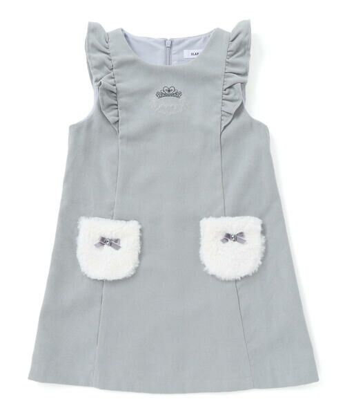 SLAP SLIP / スラップ スリップ ミニ丈・ひざ丈ワンピース | 肩フリルリボン付きファーポケットジャンパースカート(90~130cm) | 詳細1