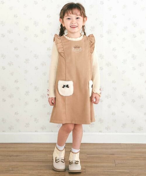 SLAP SLIP / スラップ スリップ ミニ丈・ひざ丈ワンピース | 肩フリルリボン付きファーポケットジャンパースカート(90~130cm) | 詳細4