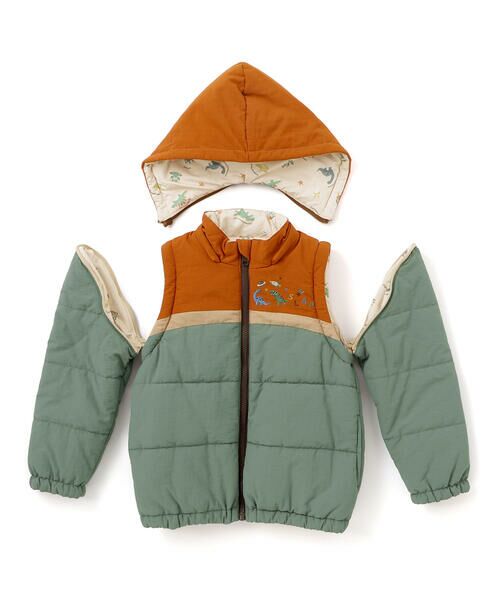 SLAP SLIP / スラップ スリップ ダウンジャケット・ベスト | 【お揃い】バイカラー恐竜ロケット総柄8WAYコート(80~130cm) | 詳細10