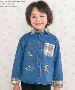 SLAP SLIP / スラップ スリップ シャツ・ブラウス | 【お揃い】恐竜刺しゅう切り替えチェックデニムコーデュロイシャツ(80~130cm)