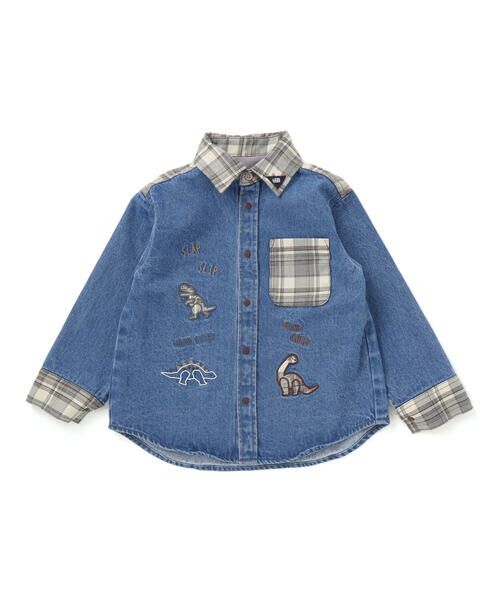 SLAP SLIP / スラップ スリップ シャツ・ブラウス | 【お揃い】恐竜刺しゅう切り替えチェックデニムコーデュロイシャツ(80~130cm) | 詳細4