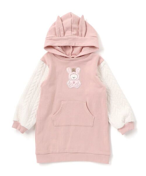 SLAP SLIP / スラップ スリップ ミニ丈・ひざ丈ワンピース | ウサギネコアニマルふわふわパッチ刺しゅう袖切り替えフーディーワンピース(80~130cm) | 詳細12