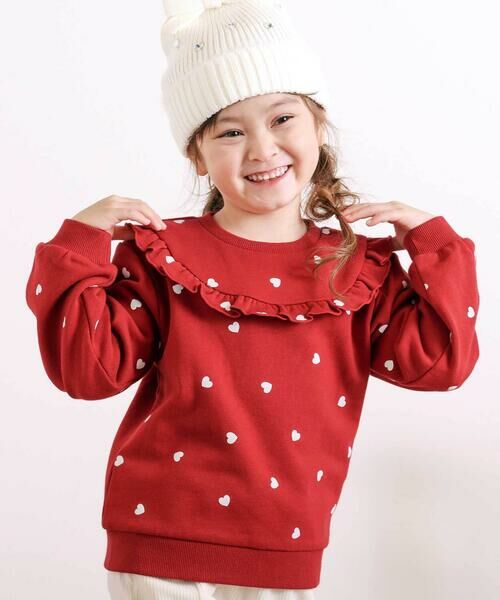 SLAP SLIP/スラップ スリップ ハート総柄フリル付きガーリートレーナー(80~130cm) レッド系 90cm SLAP SLIP/スラップ スリップ ハート総柄フリル付きガーリートレーナー(80~130cm) レッド系 90cm