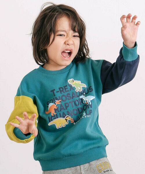 SLAP SLIP/スラップ スリップ 袖配色恐竜ごちそうモチーフトレーナー(80~130cm) グリーン系 120cm