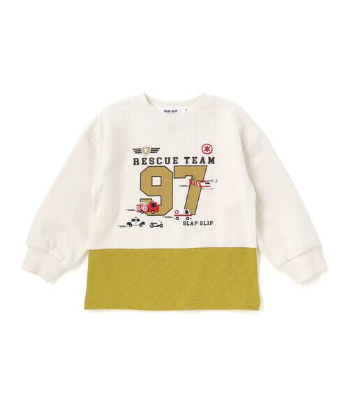 SLAP SLIP/スラップ スリップ はたらくくるま発泡プリント星パッチナンバリングバイカラートレーナー(80~130cm) オフホワイト×イエロー 110cm SLAP SLIP/スラップ スリップ はたらくくるま発泡プリント星パッチナンバリングバイカラートレーナー(80~130cm) オフホワイト×イエロー 110cm