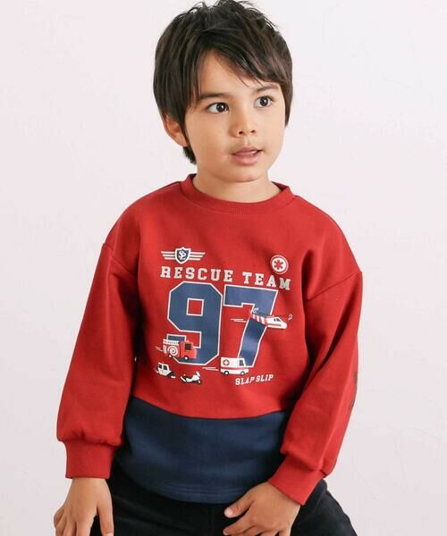 SLAP SLIP/スラップ スリップ はたらくくるま発泡プリント星パッチナンバリングバイカラートレーナー(80~130cm) レッド×ネイビー 130cm SLAP SLIP/スラップ スリップ はたらくくるま発泡プリント星パッチナンバリングバイカラートレーナー(80~130cm) レッド×ネイビー 130cm