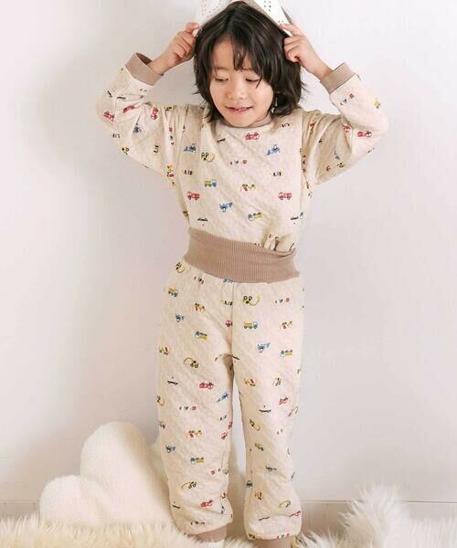 SLAP SLIP/スラップ スリップ 【スララク/腹巻き一体型】みんな快眠!長袖みんみんキルティングパジャマ 上下セット(80~130cm) ベージュ×はたらくくるま 120cm