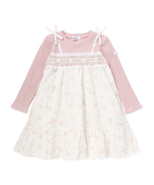 SLAP SLIP / スラップ スリップ ミニ丈・ひざ丈ワンピース | 花柄キラッとストライプドッキングワンピース(80~130cm)（ピンク×オフホワイト系）