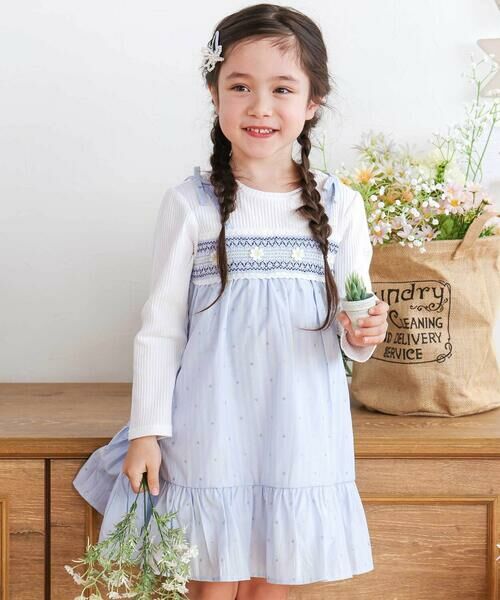 SLAP SLIP / スラップ スリップ ミニ丈・ひざ丈ワンピース | 花柄キラッとストライプドッキングワンピース(80~130cm)（ホワイト×ブルー系）