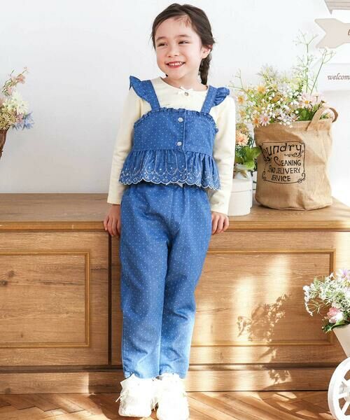 SLAP SLIP / スラップ スリップ その他トップス | キラキラ刺しゅう裾スカラップ無地ドットライトオンスデニムセットアップ(90~130cm)（ブルー系(ドット)）