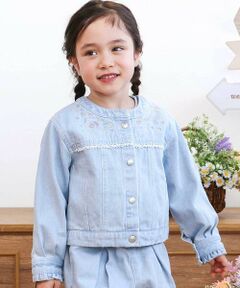 SLAP SLIP / スラップ スリップ ノーカラージャケット | ツイルデニム後ろリボンレース刺しゅう入りノーカラージャケット(90~130cm)