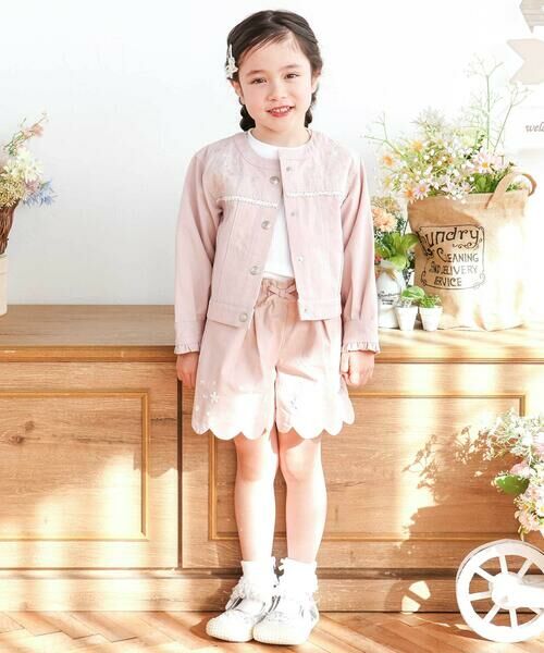 SLAP SLIP / スラップ スリップ ノーカラージャケット | ツイルデニム後ろリボンレース刺しゅう入りノーカラージャケット(90~130cm) | 詳細2