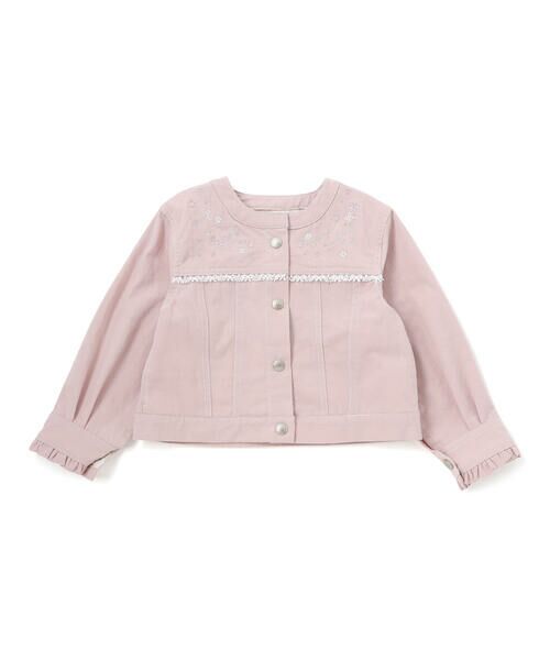 SLAP SLIP / スラップ スリップ ノーカラージャケット | ツイルデニム後ろリボンレース刺しゅう入りノーカラージャケット(90~130cm) | 詳細4